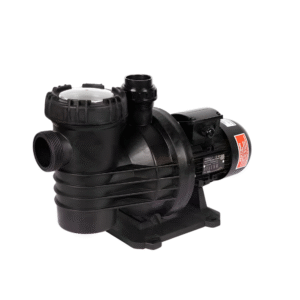 Atlaspool 1.5 HP ön filtreli plastik havuz pompası, siyah renk, motor ve filtre kapağı görünür