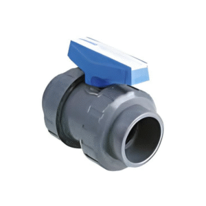 U-PVC yapıştırma muflu küresel vana, gri renkli, mavi kol saplı vana modeli