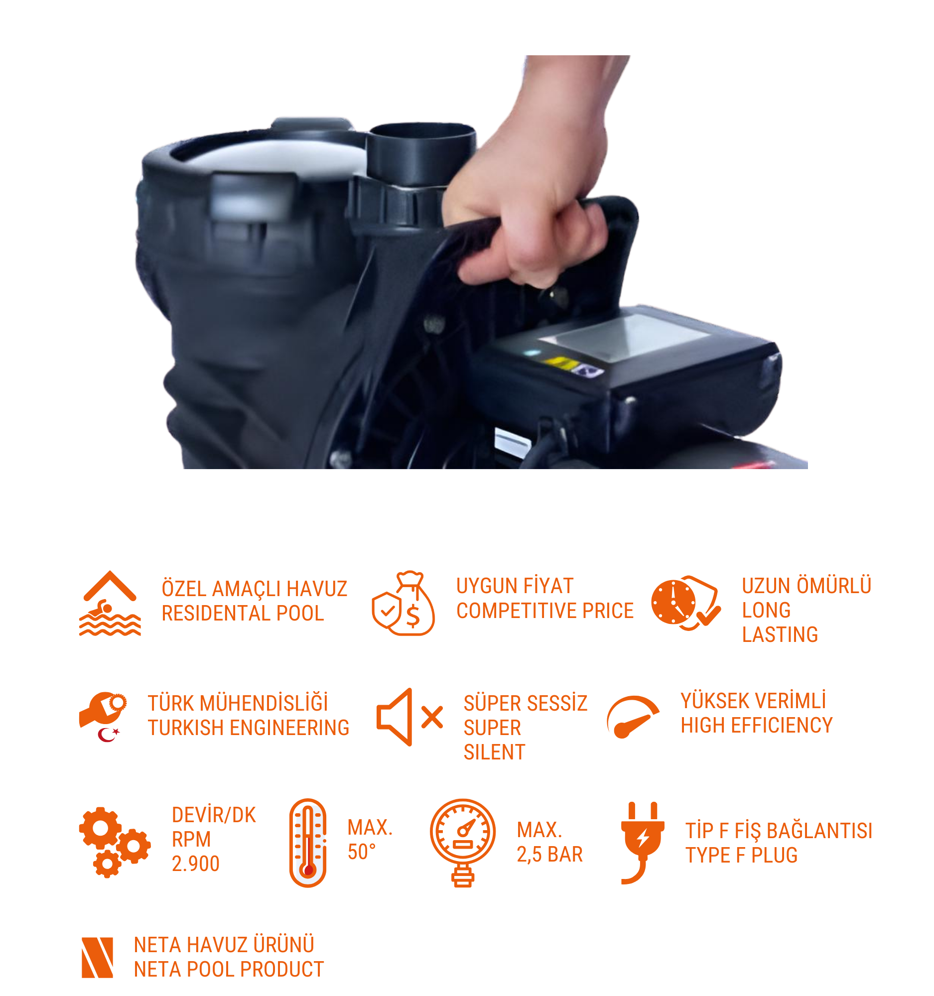 Senkron 2 Havuz Pompası, SEN2 Serisi Yüksek Verimli Havuz Sirkülasyon Pompası, 63 mm Giriş-Çıkış, 1.5-4 HP Seçenekli, Sessiz Çalışma - Görsel 2
