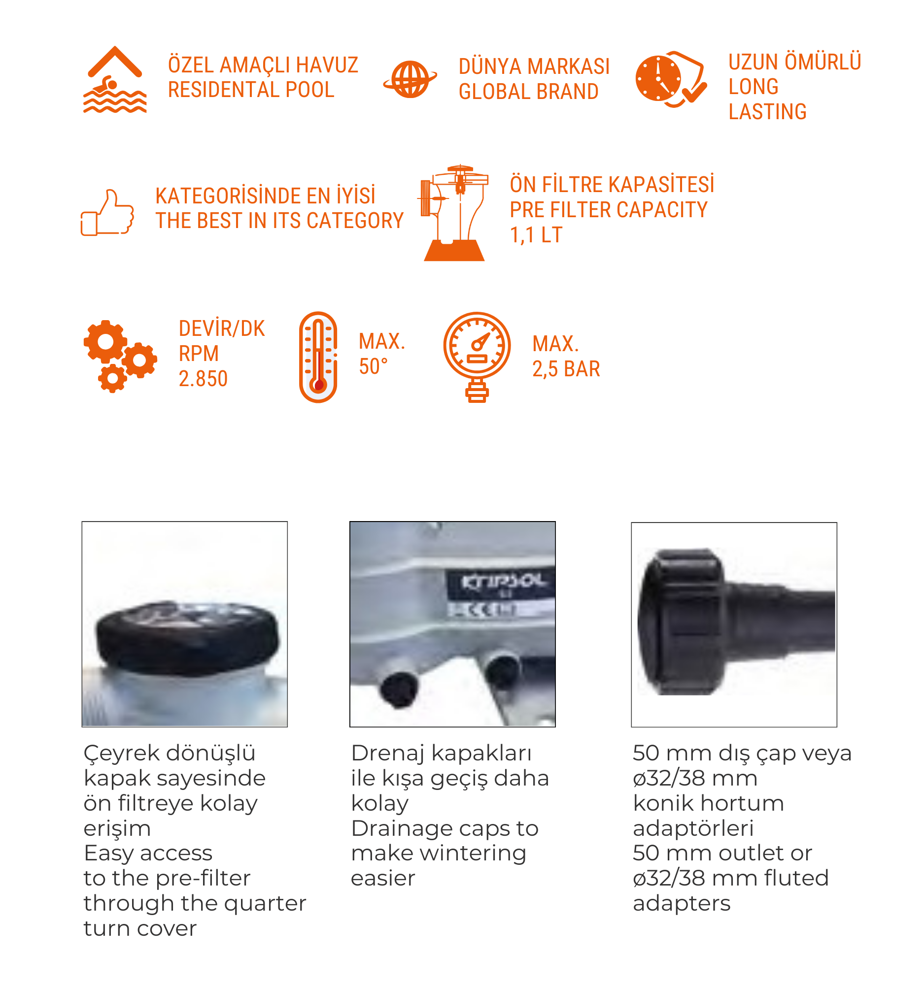 S2 Serisi Yüzme Havuzu Sirkülasyon Pompası, 0.33–1.50 HP, 50 mm Giriş/Çıkış, Yüksek Verimli Sessiz Çalışma - Görsel 2