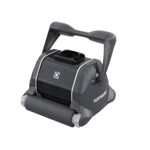 Hayward marka otomatik havuz temizleme robotu, siyah-gri gövde ve taşıma sapı ile birlikte