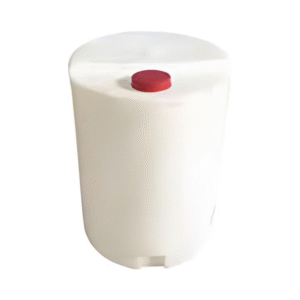 Beyaz silindirik kimyasal dozaj tankı, kırmızı kapaklı, polietilen malzeme