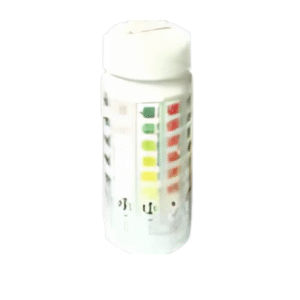 5 fonksiyonlu havuz suyu test şeritleri, beyaz kutuda renk skalalı tasarım