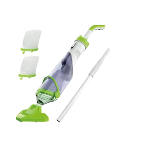 Kablosuz, yeşil-beyaz renkli, filtreli ve teleskopik saplı şarjlı havuz süpürgesi