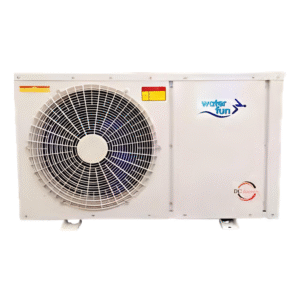 WaterFun markalı, paslanmaz çelik DC inverter havuz ısı pompası ön ve yan görünüm