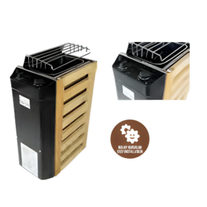 Ahşap panel kaplamalı, üst kontrol düğmeli kompakt elektrikli sauna sobası